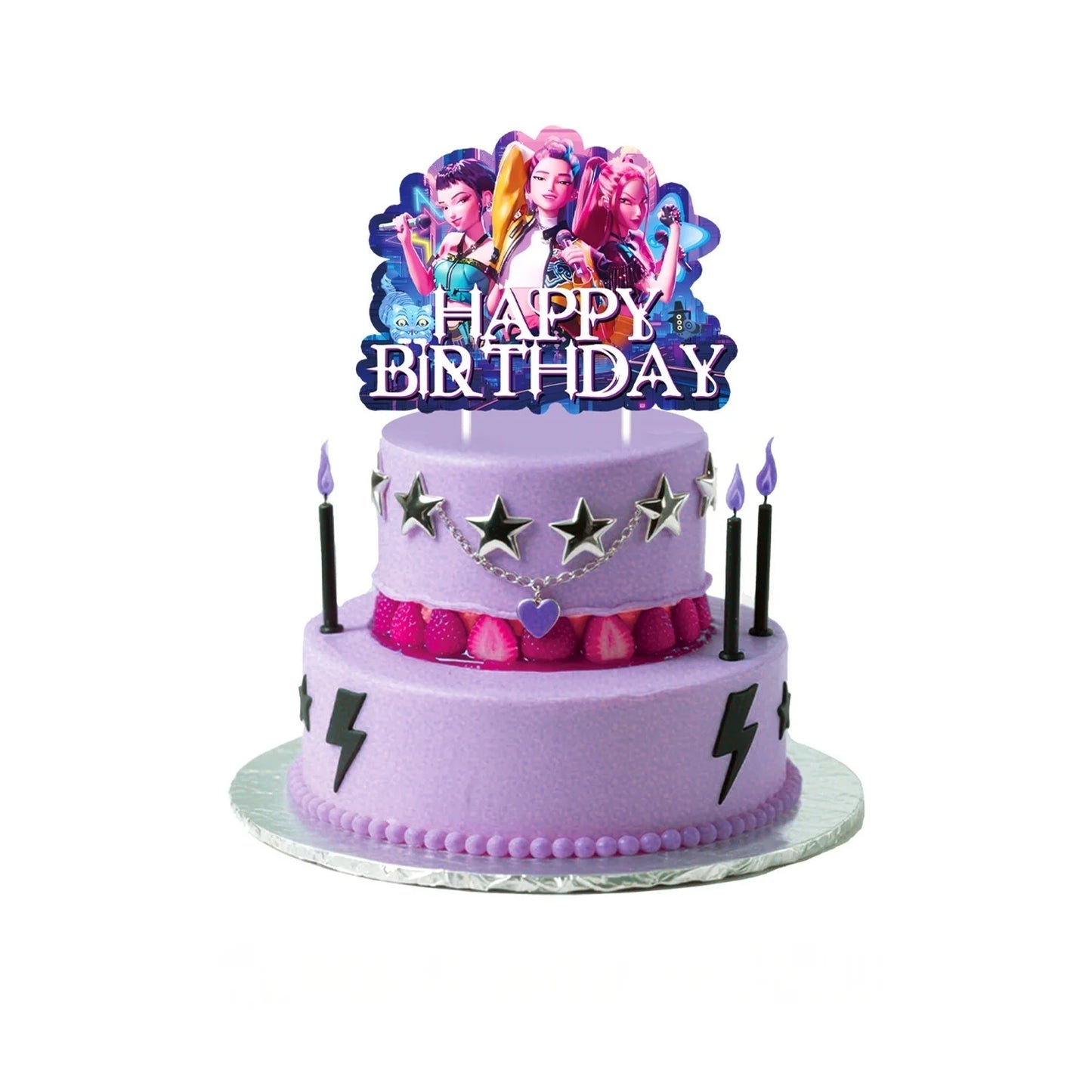 Purple and Pink Laser K-POP Demons Hunters Birthday Party Cake Decorations Birthday Cake Decorations for Girls' Birthday Party