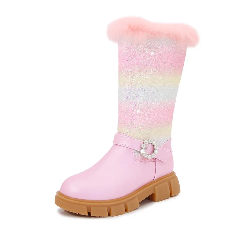 Nuovi stivali rosa da bambina per l'autunno/inverno 2023, modello principessa arcobaleno, lunghezza al ginocchio, con pelliccia sintetica.