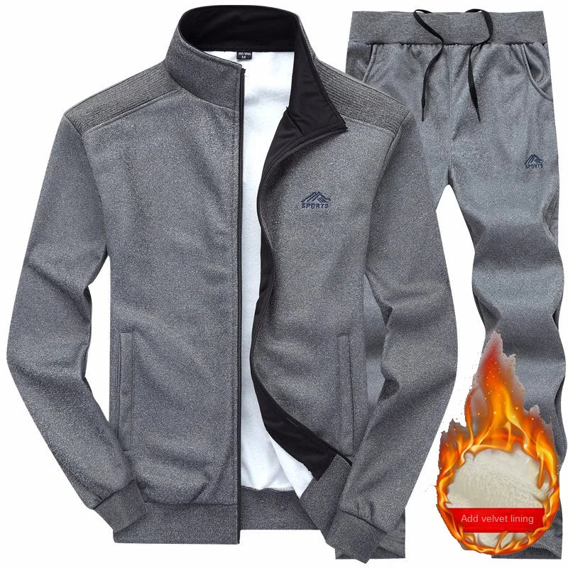 New set with plush and thickened warm embroidery cardigan, two-piece sports suit, men's long sleeved pants, knitted casual suit