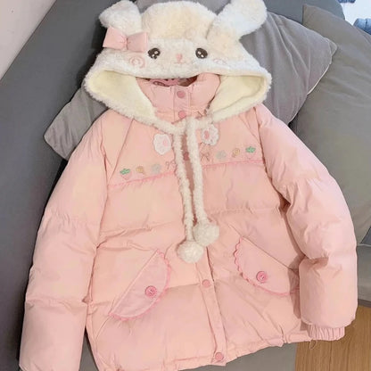 Pink Kawaii Lolita Style Women Parka Japanese Cute Embroidery Bunny Ears Hooded Jacket Loose Plush Velvet Lined Down Padded Coat