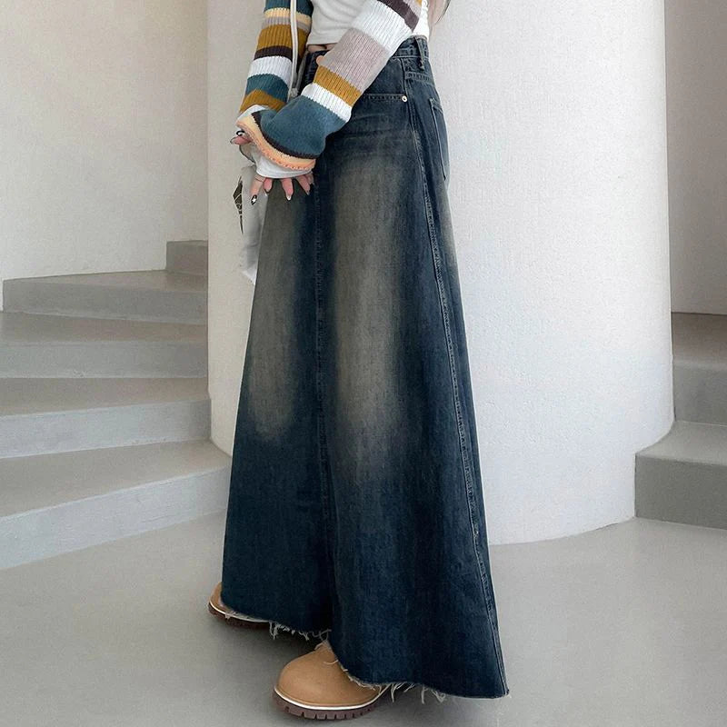 Vinatge A Line Denim Long Skirts Women 2026 Spring High Waist Midi Jeans Skirt Woman Korean Streetwear Loose Skirts Female