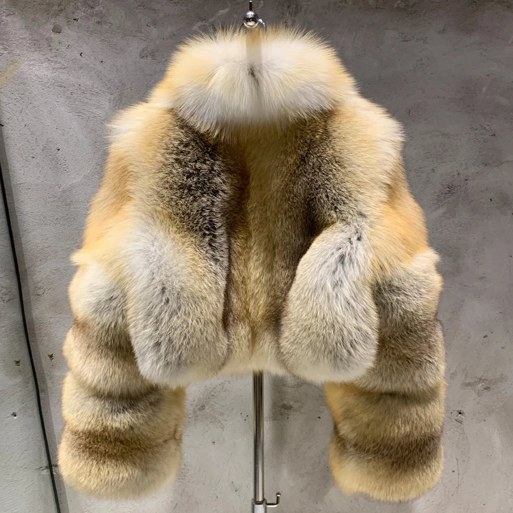 # Giacca in pelliccia di volpe dorata da donna, cappotto corto in vera pelliccia di volpe, manica lunga, in tessuto di pelliccia naturale con colletto
