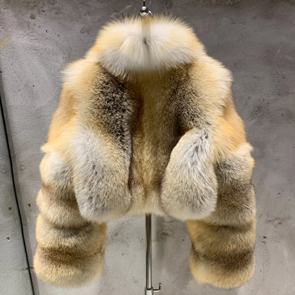 # Giacca in pelliccia di volpe dorata da donna, cappotto corto in vera pelliccia di volpe, manica lunga, in tessuto di pelliccia naturale con colletto