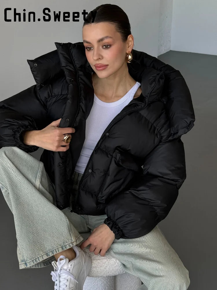 Casual Leopard Print Hooded Puffer Jacket Women Stand Collar Zipper Short Puffy Coat 2025 Winter Lady Street Warm Outerwears New