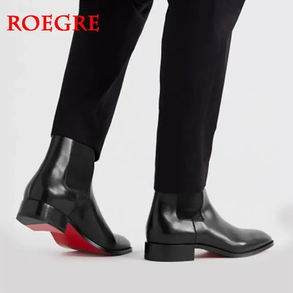 Stivali Chelsea da uomo con suola rossa, scarpe eleganti nere da uomo con punta a punta, stivali corti da uomo alla moda in Inghilterra.