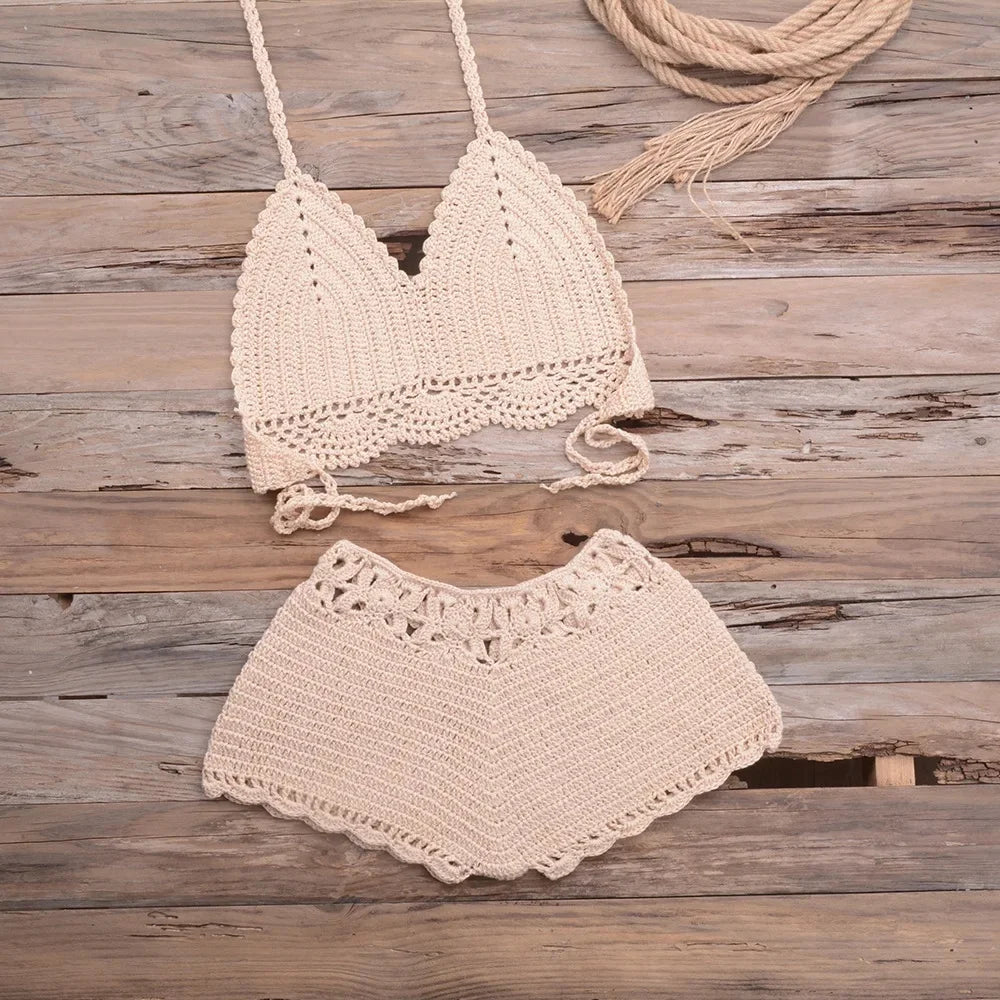 Hand-Knitted Hollow out Bikini Swimwear Beach Holiday Sand Beach Women's Two-Piece Swimsuit Lace Trim Hooked Design Outdoor Spor