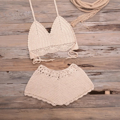 Costume da bagno bikini traforato lavorato a mano, ideale per vacanze al mare, spiaggia, sabbia, due pezzi da donna, con bordo in pizzo e design a gancio, per attività all'aperto e sport.
