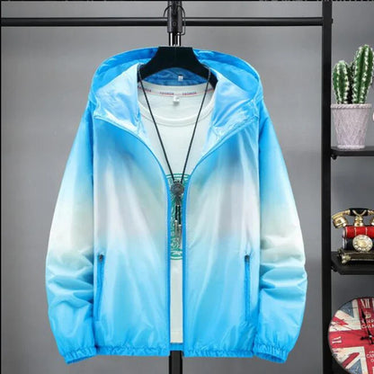 Giacca da campeggio ultra sottile e ultra leggera per uomo, donna, bambini e ragazzi, trasparente, anti-UV, ad asciugatura rapida, giacca a vento con colori sfumati.