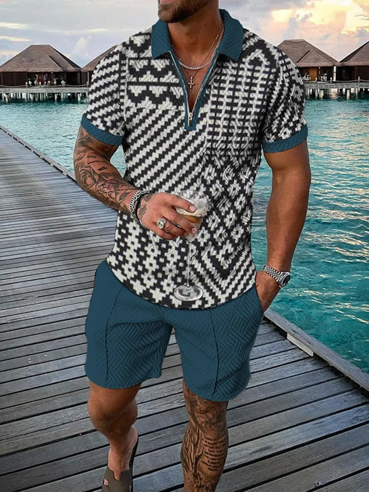 Completo estivo vintage casual a righe con stampa 3D, composto da polo, polo con cerniera e colletto, pantaloncini con cerniera, stile vacanze hawaiane da uomo.