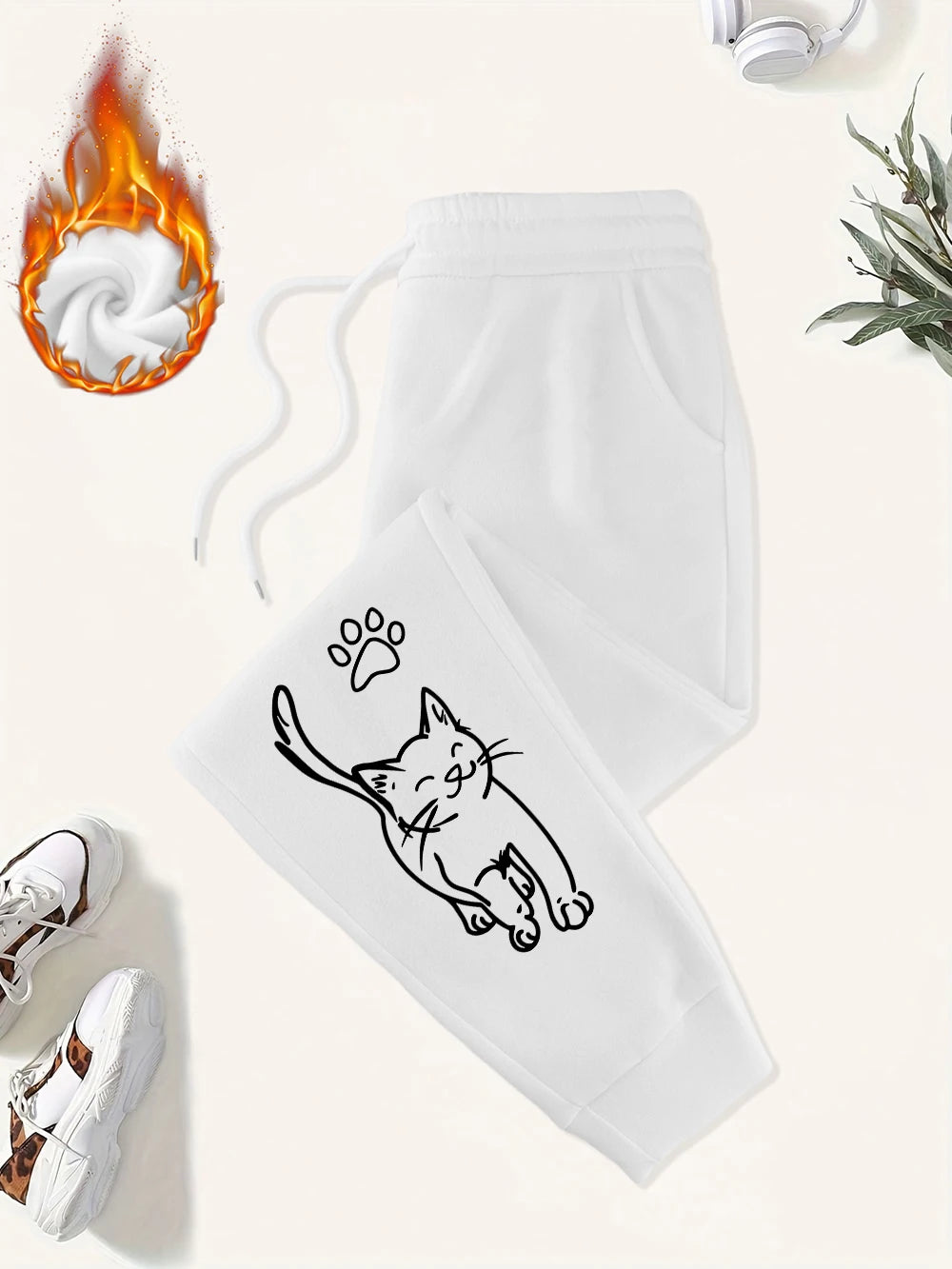 Cute Cat And Paw Print Prints Sweatpants Women Basics Jogger Pants Comfortable Fleece Loose Trousers Autumn Winter Woman Clothes