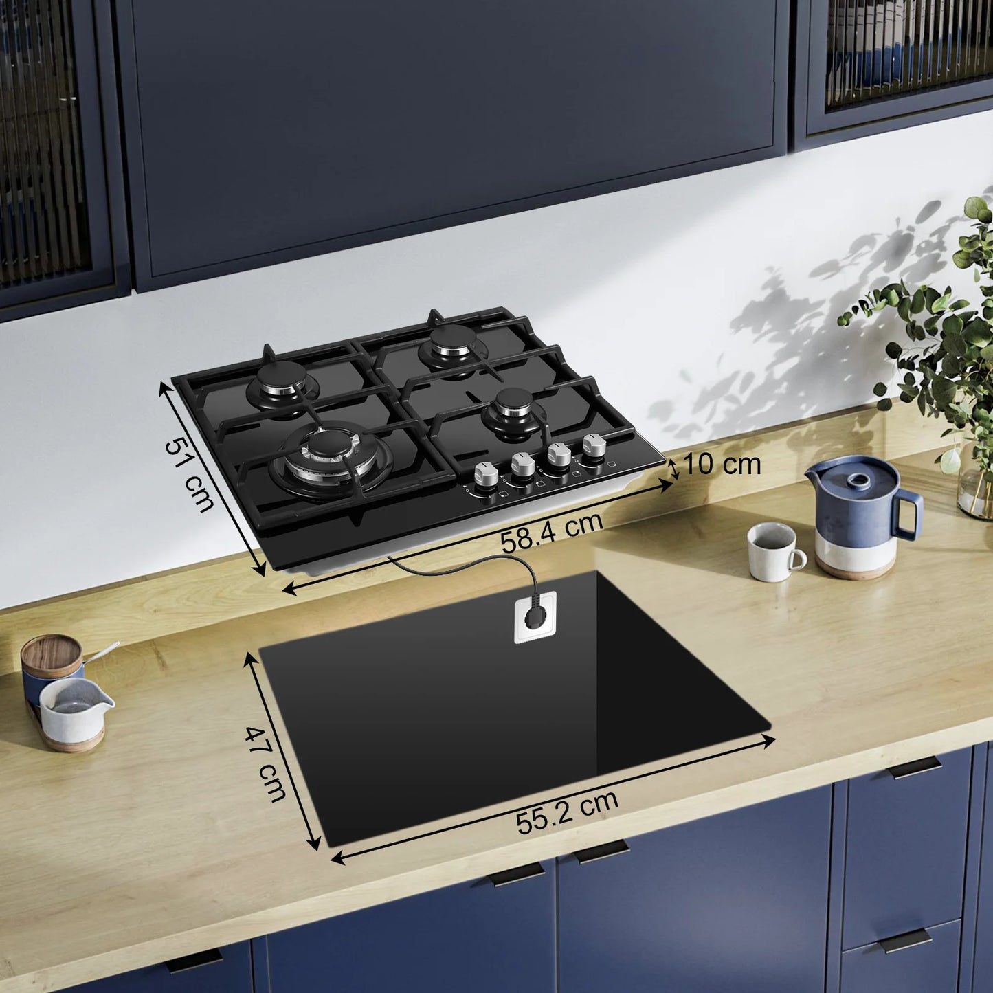 Piano cottura a gas da 58 cm | 4 fuochi a doppia alimentazione (gas naturale/GPL) 8060 W con spegnimento automatico della fiamma e superficie in vetro temperato | Da incasso/a libera installazione 220-240 V