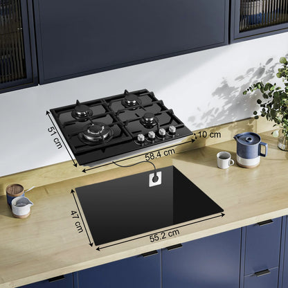 Piano cottura a gas da 58 cm | 4 fuochi a doppia alimentazione (gas naturale/GPL) 8060 W con spegnimento automatico della fiamma e superficie in vetro temperato | Da incasso/a libera installazione 220-240 V