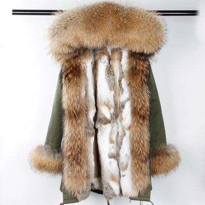 Nuovo cappotto invernale da donna 2024, parka, giacca, grande, collo in pelliccia di procione, cappuccio, fodera in pelliccia di coniglio rex staccabile, stile di marca, marchio di alta qualità