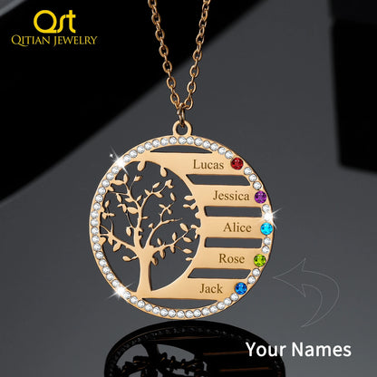 Collana personalizzata con nome dell'albero genealogico e ciondolo in cristallo con pietra portafortuna. Incisione del nome, catena in acciaio inossidabile, gioiello, regalo di Natale.