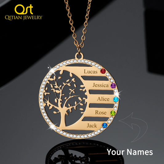 Collana personalizzata con nome dell'albero genealogico e ciondolo in cristallo con pietra portafortuna. Incisione del nome, catena in acciaio inossidabile, gioiello, regalo di Natale.
